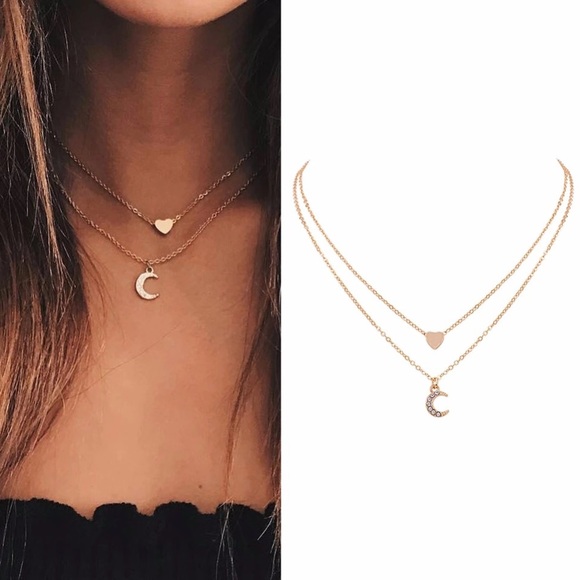 Last 1 New Dainty Heart Moon Layered Necklace - Picture 2 of 5